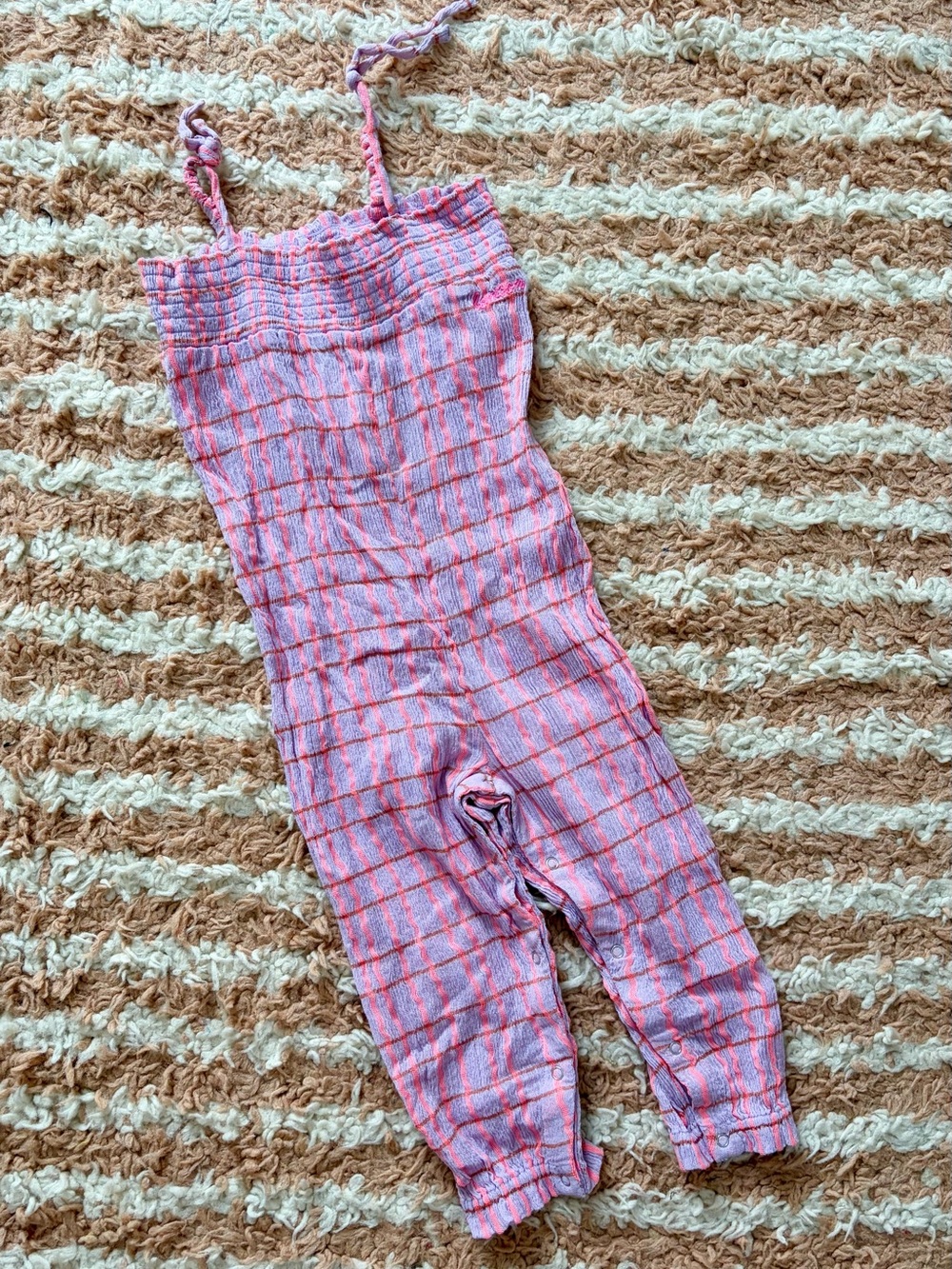 Bonton Pink & Lavender Plaid Smocked Jumpsuit